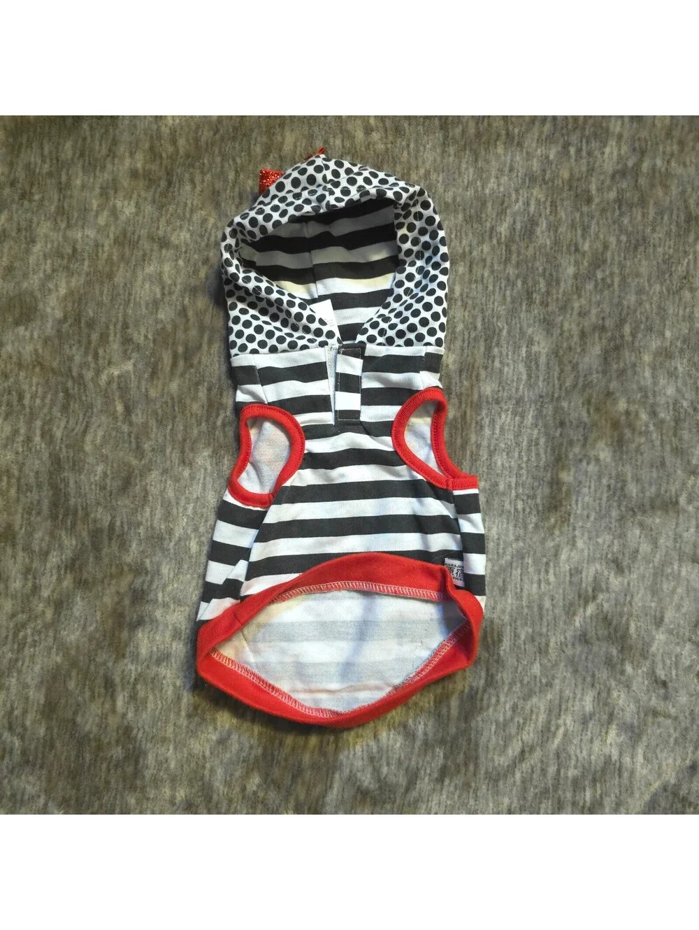 Black and White Striped Dog Hoodie with Red Glitter Lips and Polka Dot Accents